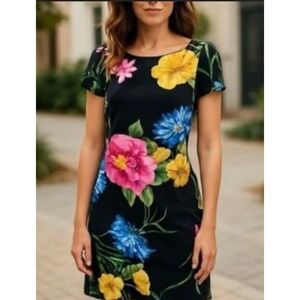 Karl‎ Lagerfeld Paris Floral Print Dress, Black Multicolor Sheath Fitted